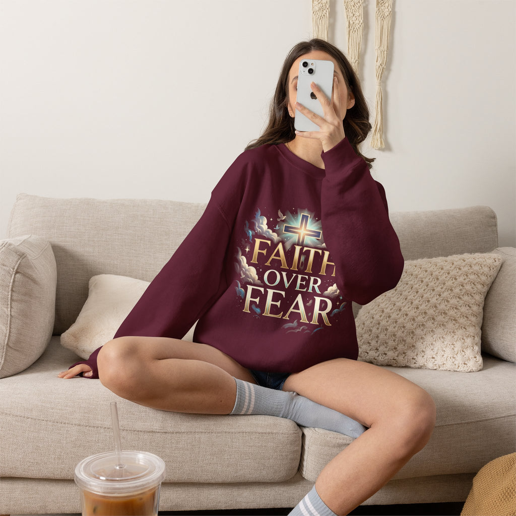 Faith Over Fear Crewneck Sweatshirt – Christliches Kreuz & Jesus Pullover
