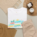 Strandurlaub T-Shirt – Retro Sonnenuntergang mit Palmen & ‚Urlaub‘ Wortwolke