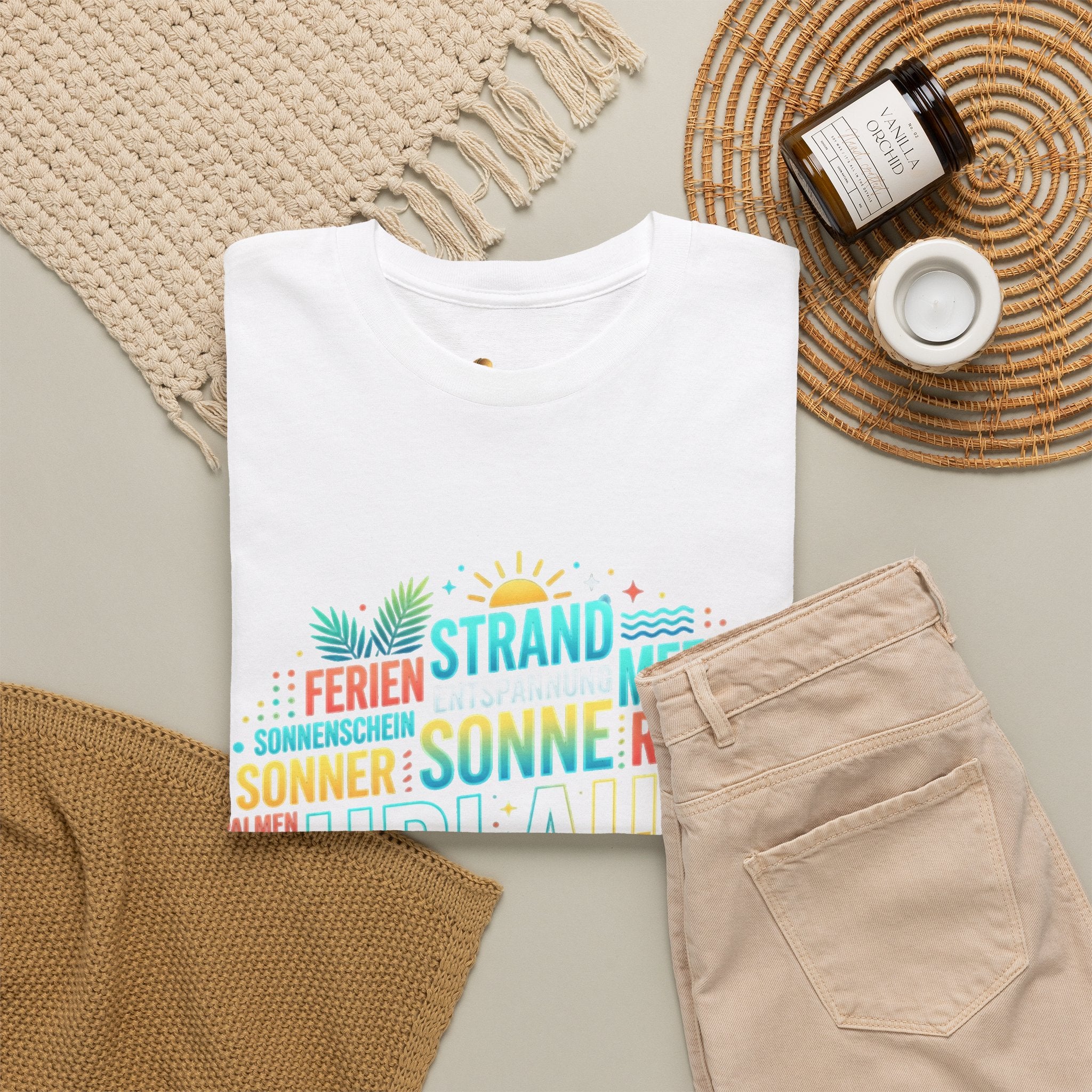 Strandurlaub T-Shirt – Retro Sonnenuntergang mit Palmen & ‚Urlaub‘ Wortwolke