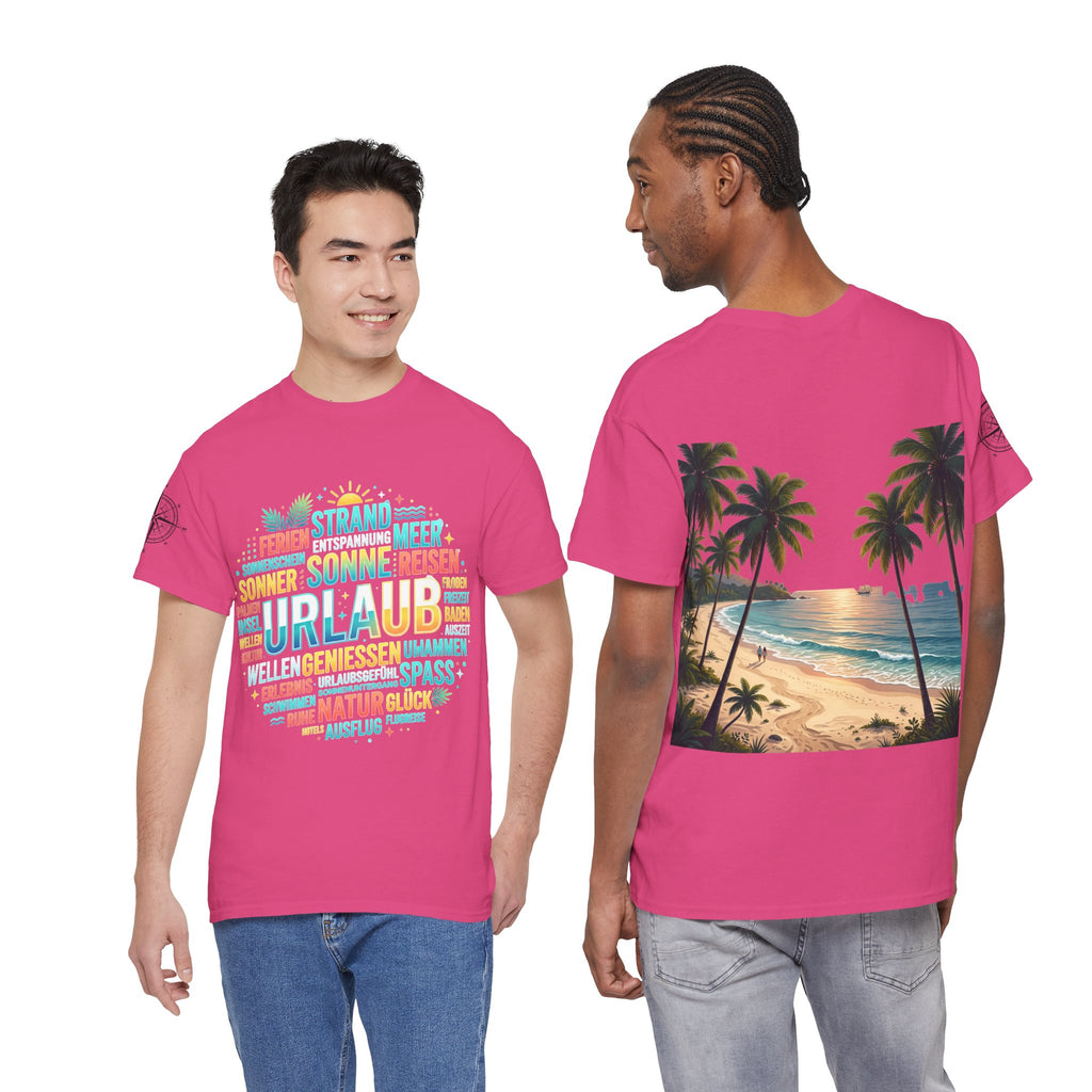 Strandurlaub T-Shirt – Retro Sonnenuntergang mit Palmen & ‚Urlaub‘ Wortwolke