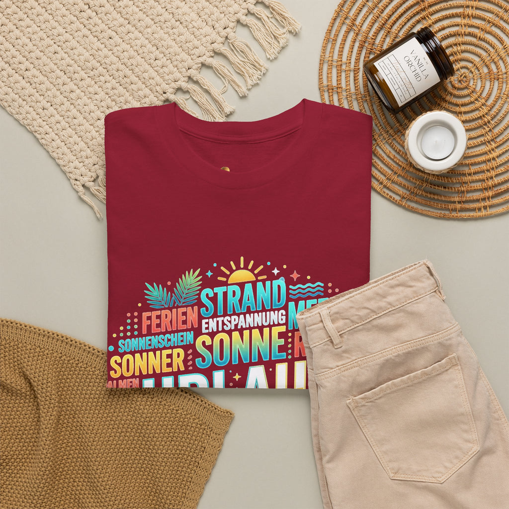 Strandurlaub T-Shirt – Retro Sonnenuntergang mit Palmen & ‚Urlaub‘ Wortwolke