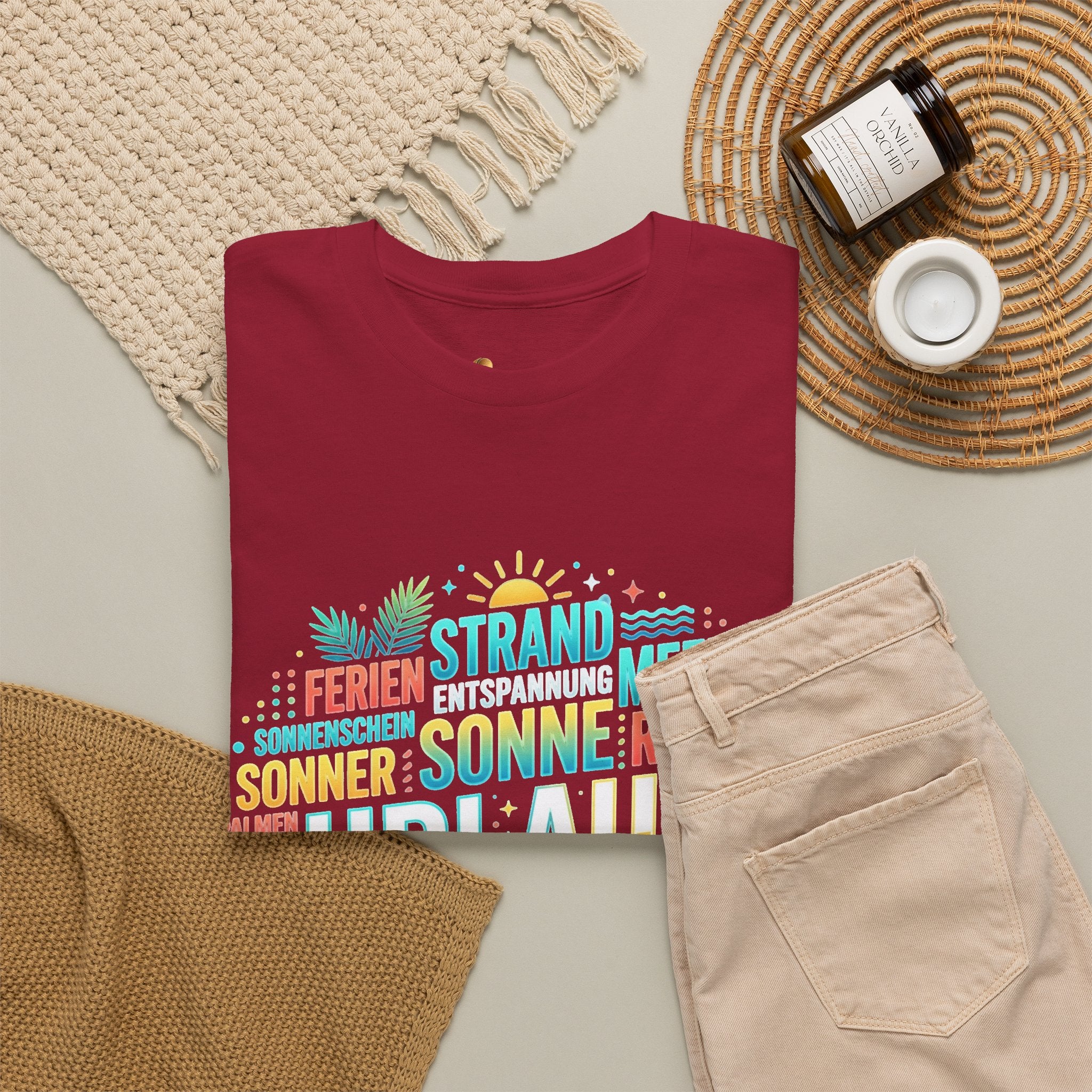 Strandurlaub T-Shirt – Retro Sonnenuntergang mit Palmen & ‚Urlaub‘ Wortwolke