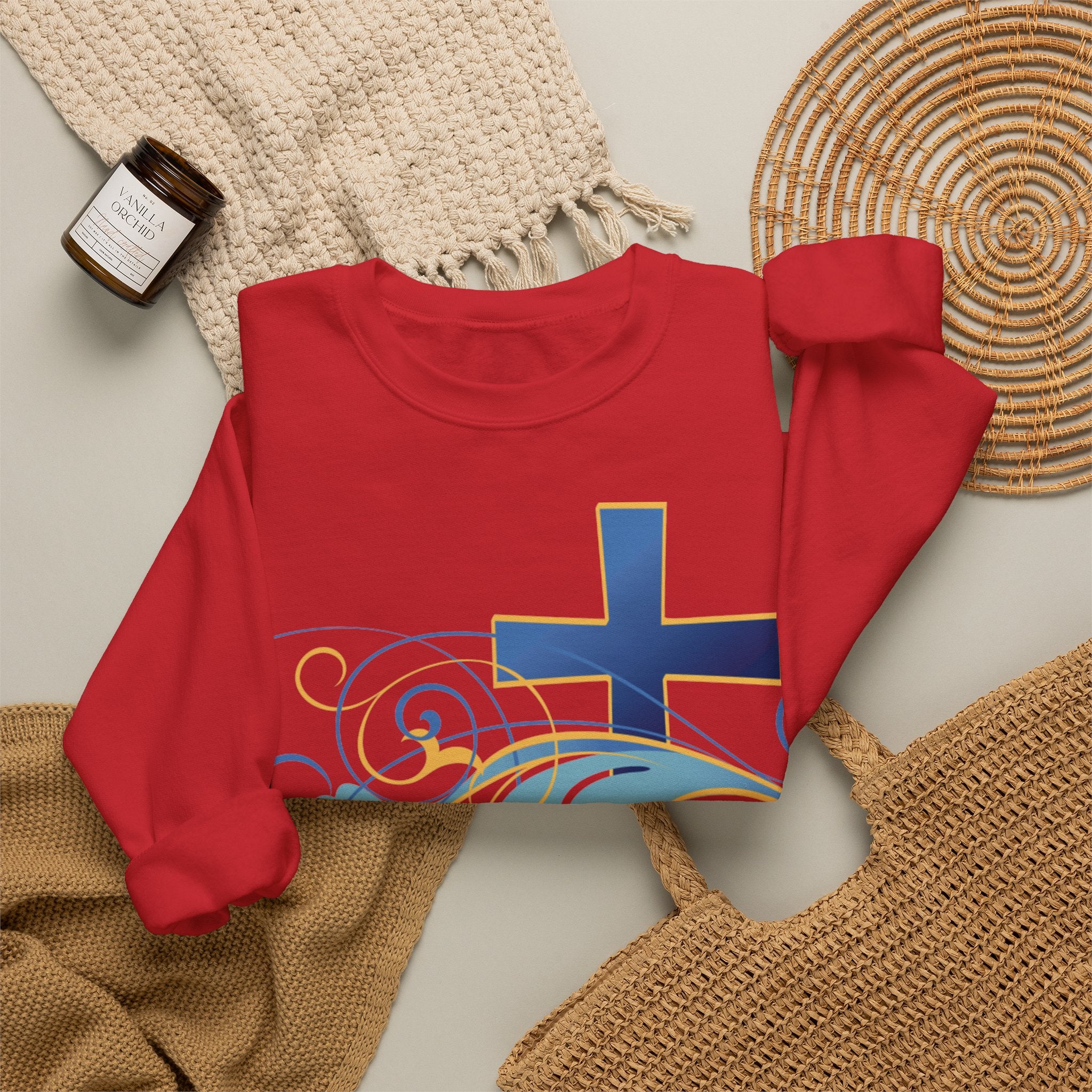 ESTID Unisex Crewneck Pullover | Blaues Kreuz & Wellen-Ornament Ansicht 41 – Sweatshirt – ESTID
