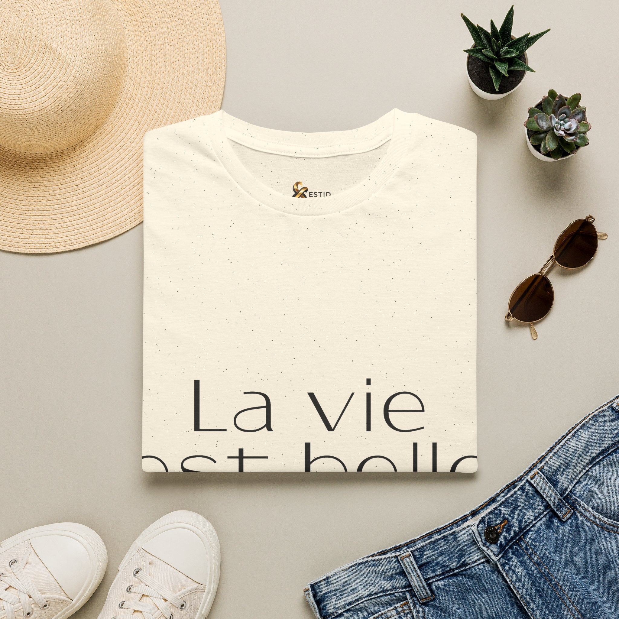 ESTID Damen T-Shirt | „La vie est belle“ Typo-Print | Ringgesponnen Ansicht 7 – T-Shirt – ESTID