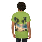 Strandurlaub T-Shirt – Retro Sonnenuntergang mit Palmen & ‚Urlaub‘ Wortwolke