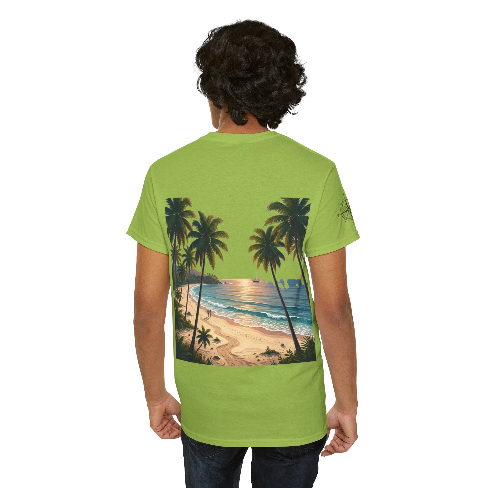 Strandurlaub T-Shirt – Retro Sonnenuntergang mit Palmen & ‚Urlaub‘ Wortwolke