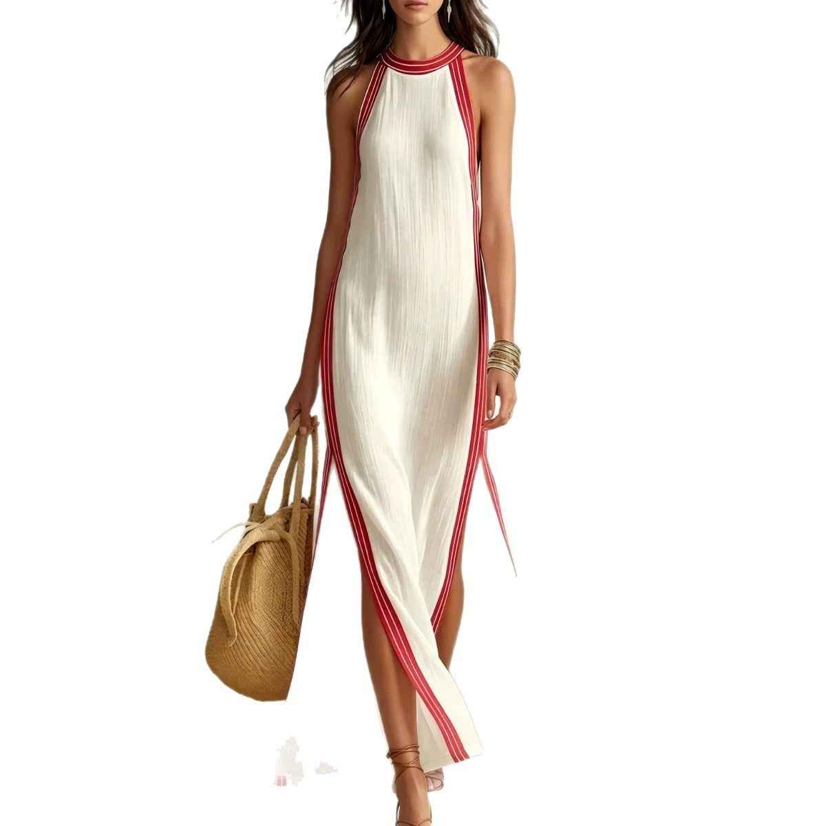 Damen Leinen-Sommerkleid | Neckholder Maxikleid mit Kontrast-Kante Ansicht 5 – Kleid – ESTID