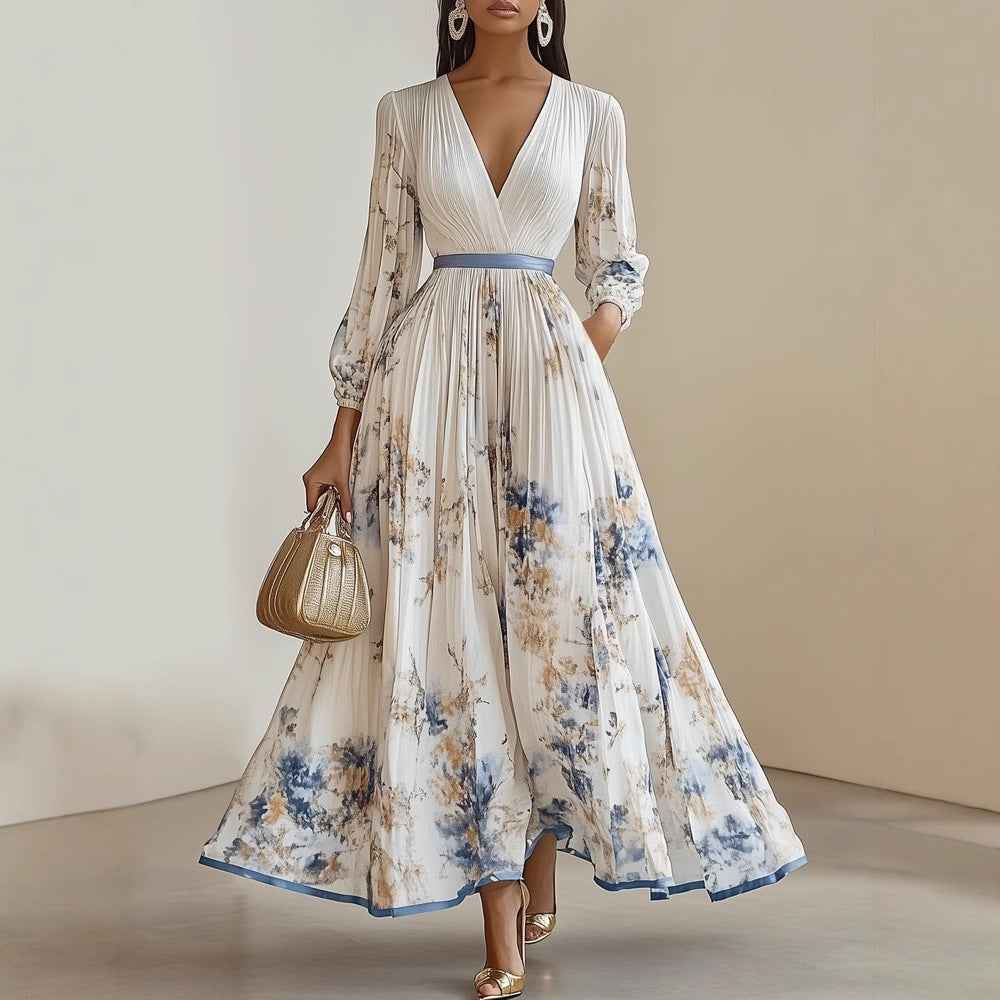 Elegantes Plissee-Maxikleid für Damen | Floral & V-Ausschnitt – Kleid – ESTID
