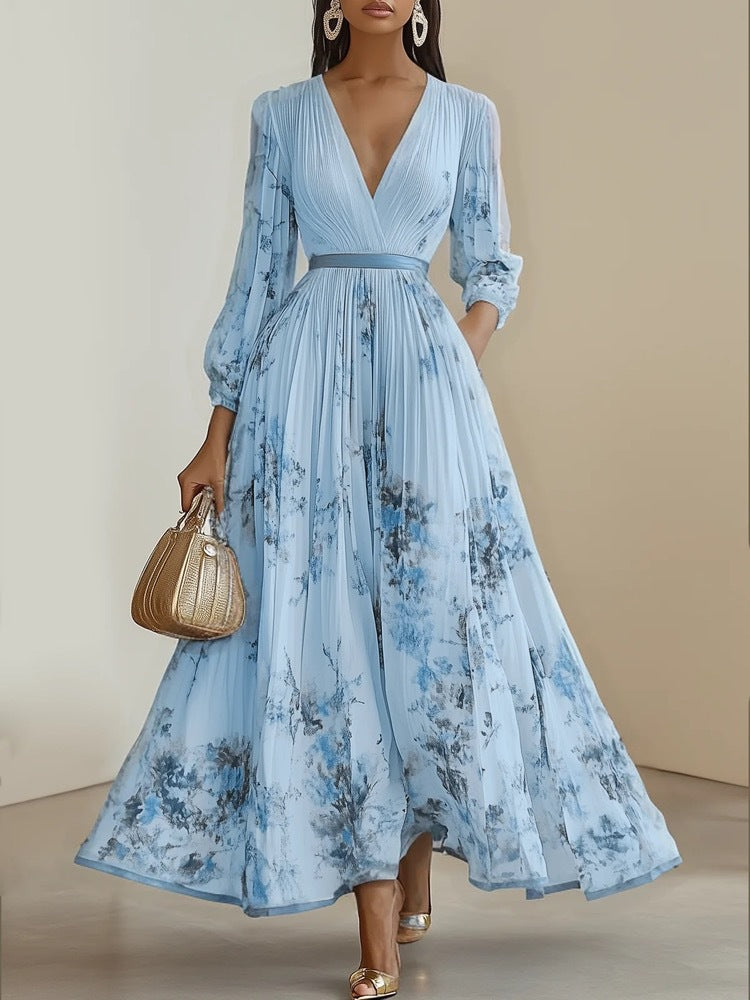 Elegantes Plissee-Maxikleid für Damen | Floral & V-Ausschnitt Ansicht 6 – Kleid – ESTID