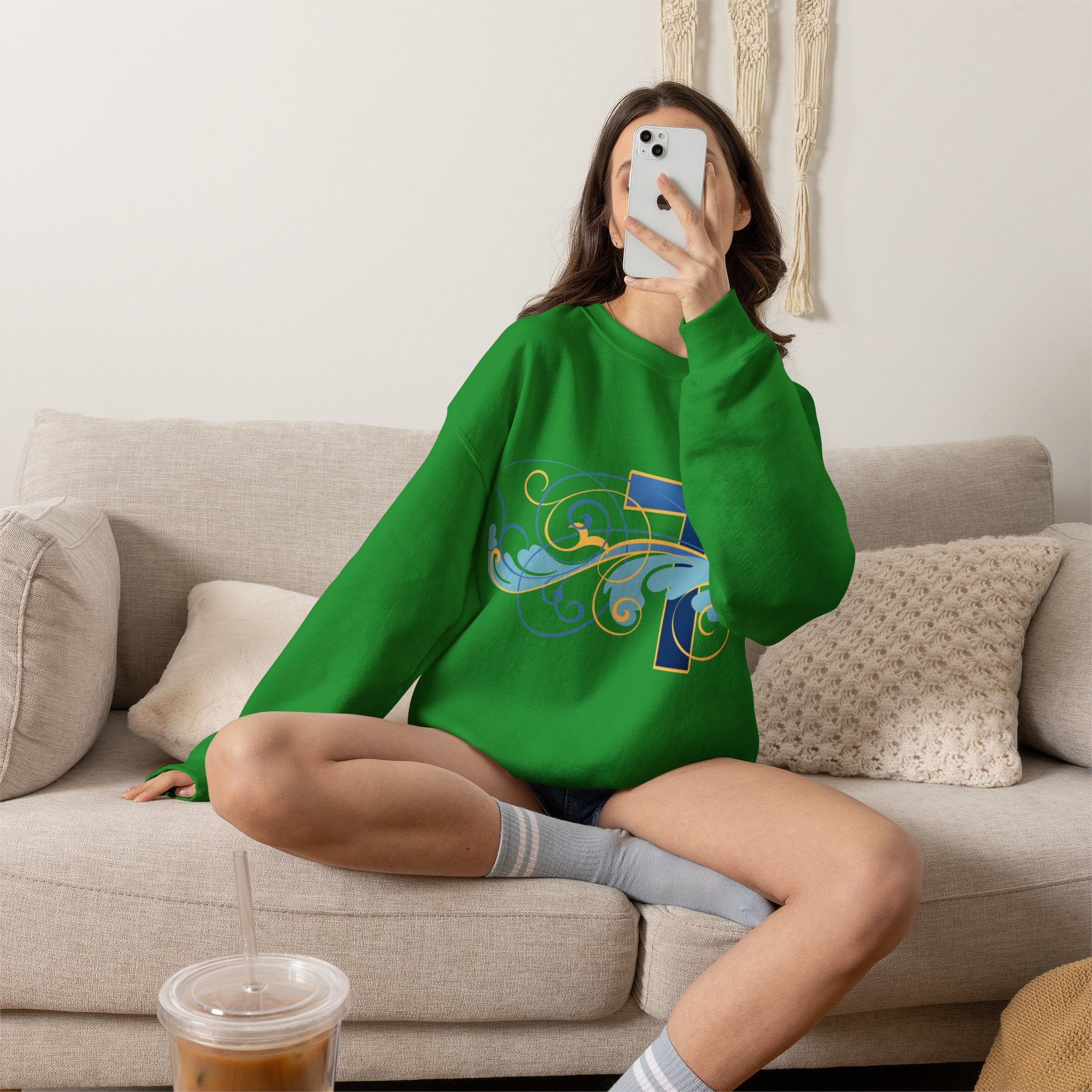 ESTID Unisex Crewneck Pullover | Blaues Kreuz & Wellen-Ornament Ansicht 31 – Sweatshirt – ESTID