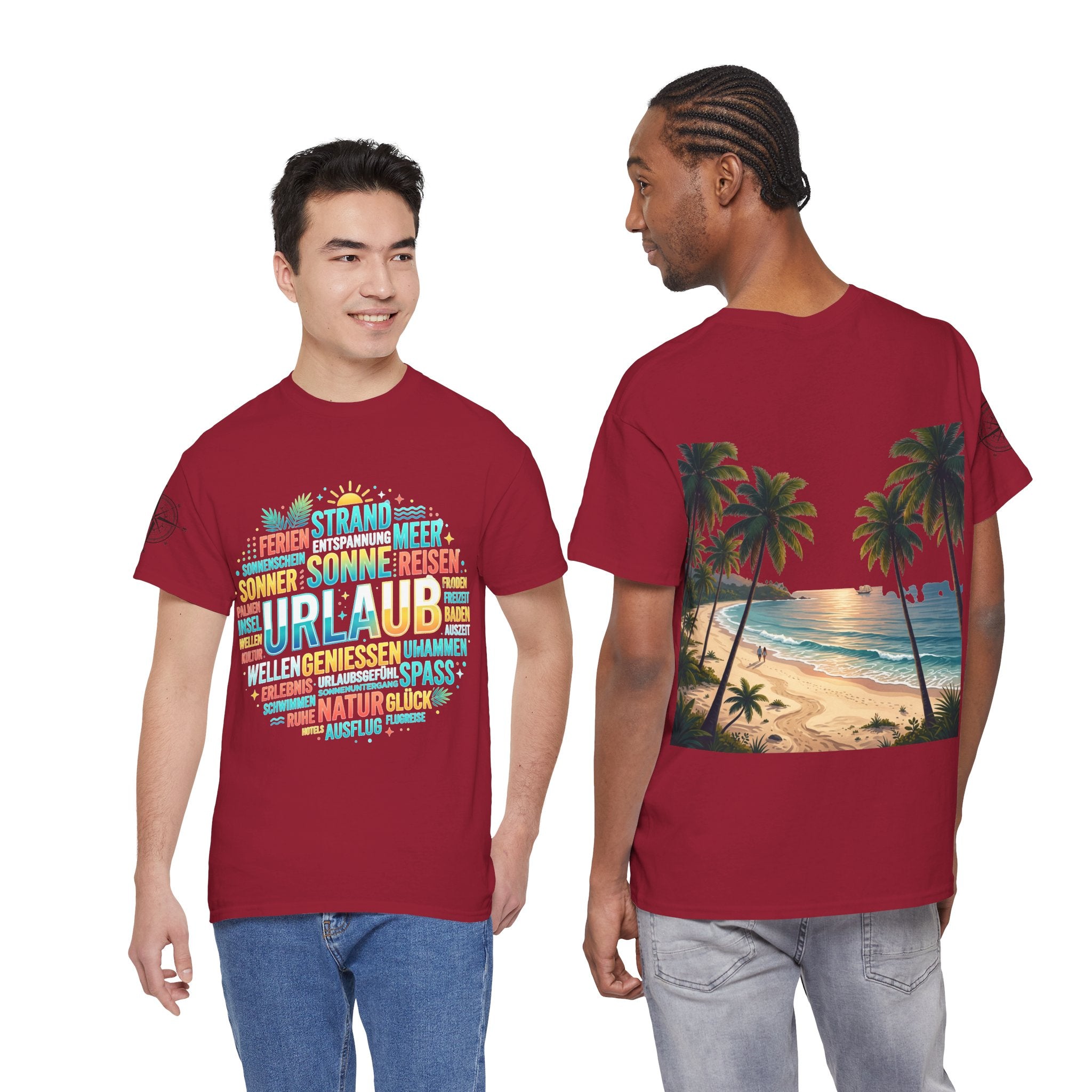 Strandurlaub T-Shirt – Retro Sonnenuntergang mit Palmen & ‚Urlaub‘ Wortwolke