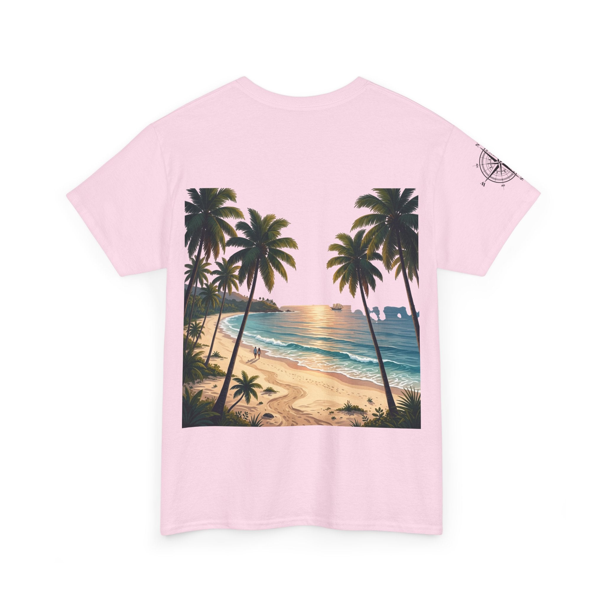 Strandurlaub T-Shirt – Retro Sonnenuntergang mit Palmen & ‚Urlaub‘ Wortwolke