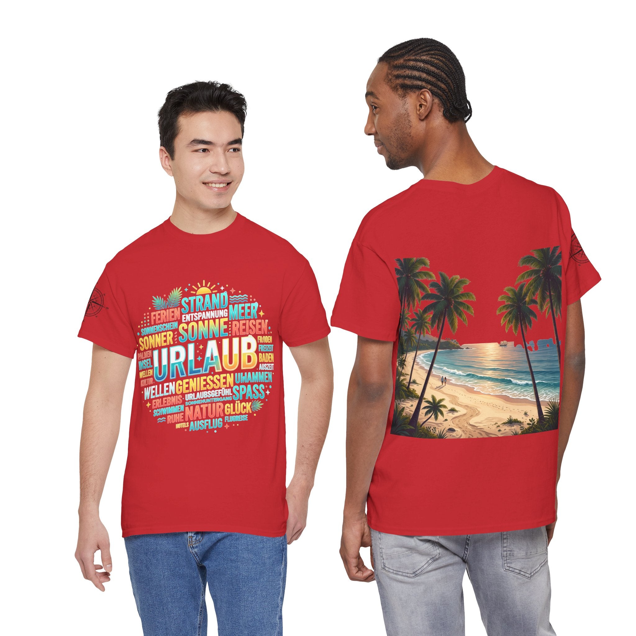 Strandurlaub T-Shirt – Retro Sonnenuntergang mit Palmen & ‚Urlaub‘ Wortwolke