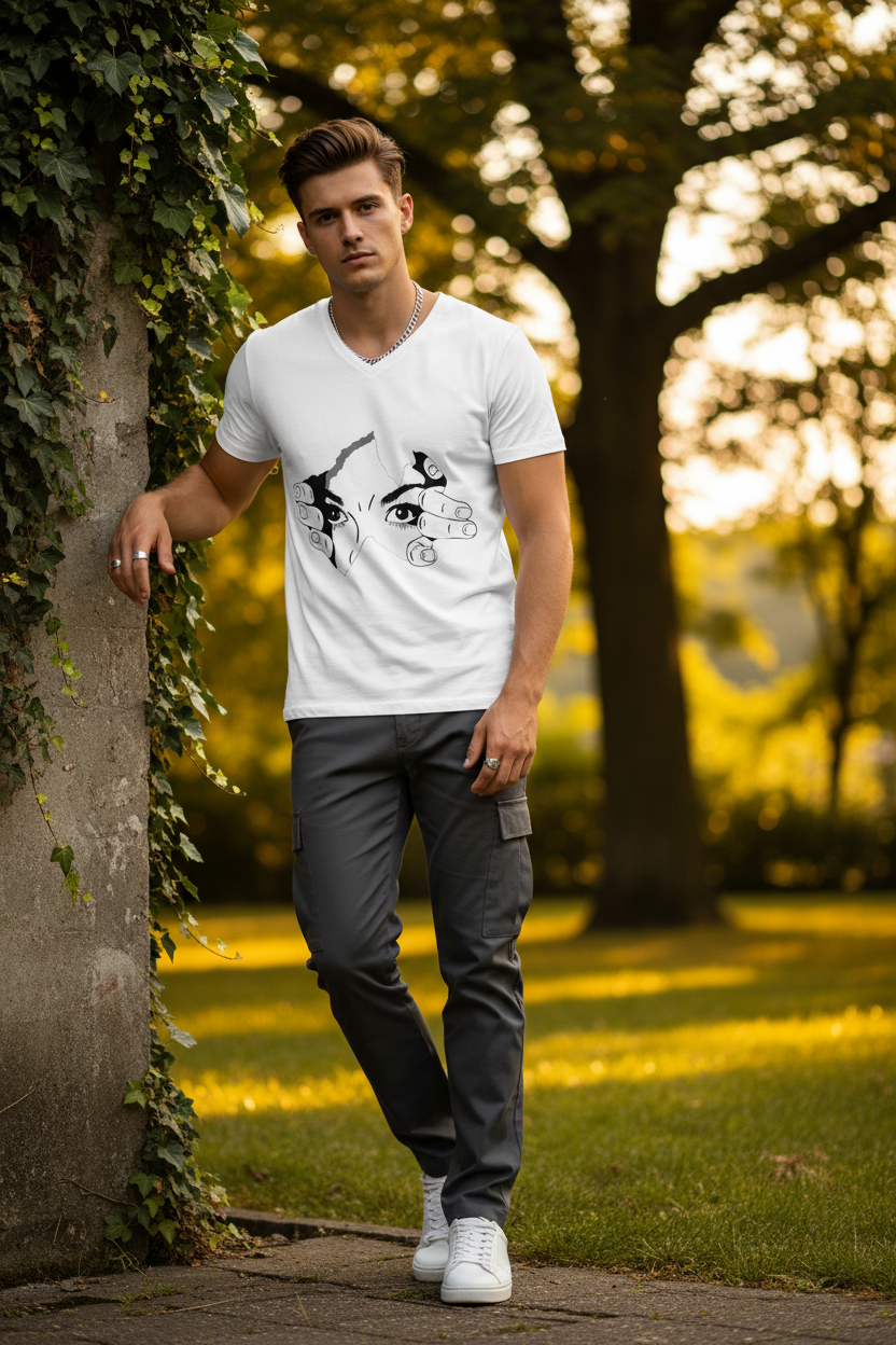 ESTID Herren V-Neck Shirt | Peeking Eyes Graphic Print Detailansicht – V-neck – ESTID