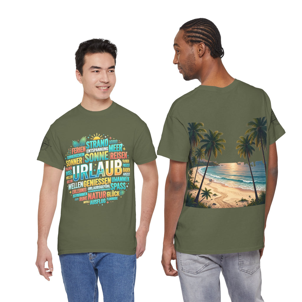 Strandurlaub T-Shirt – Retro Sonnenuntergang mit Palmen & ‚Urlaub‘ Wortwolke