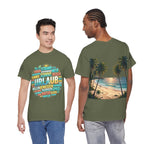 Strandurlaub T-Shirt – Retro Sonnenuntergang mit Palmen & ‚Urlaub‘ Wortwolke