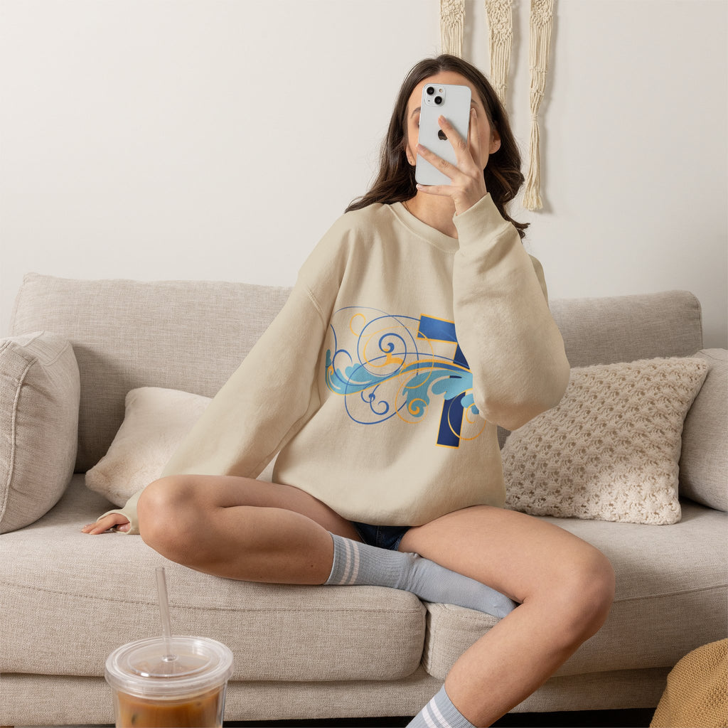 ESTID Unisex Crewneck Pullover | Blaues Kreuz & Wellen-Ornament Ansicht 25 – Sweatshirt – ESTID