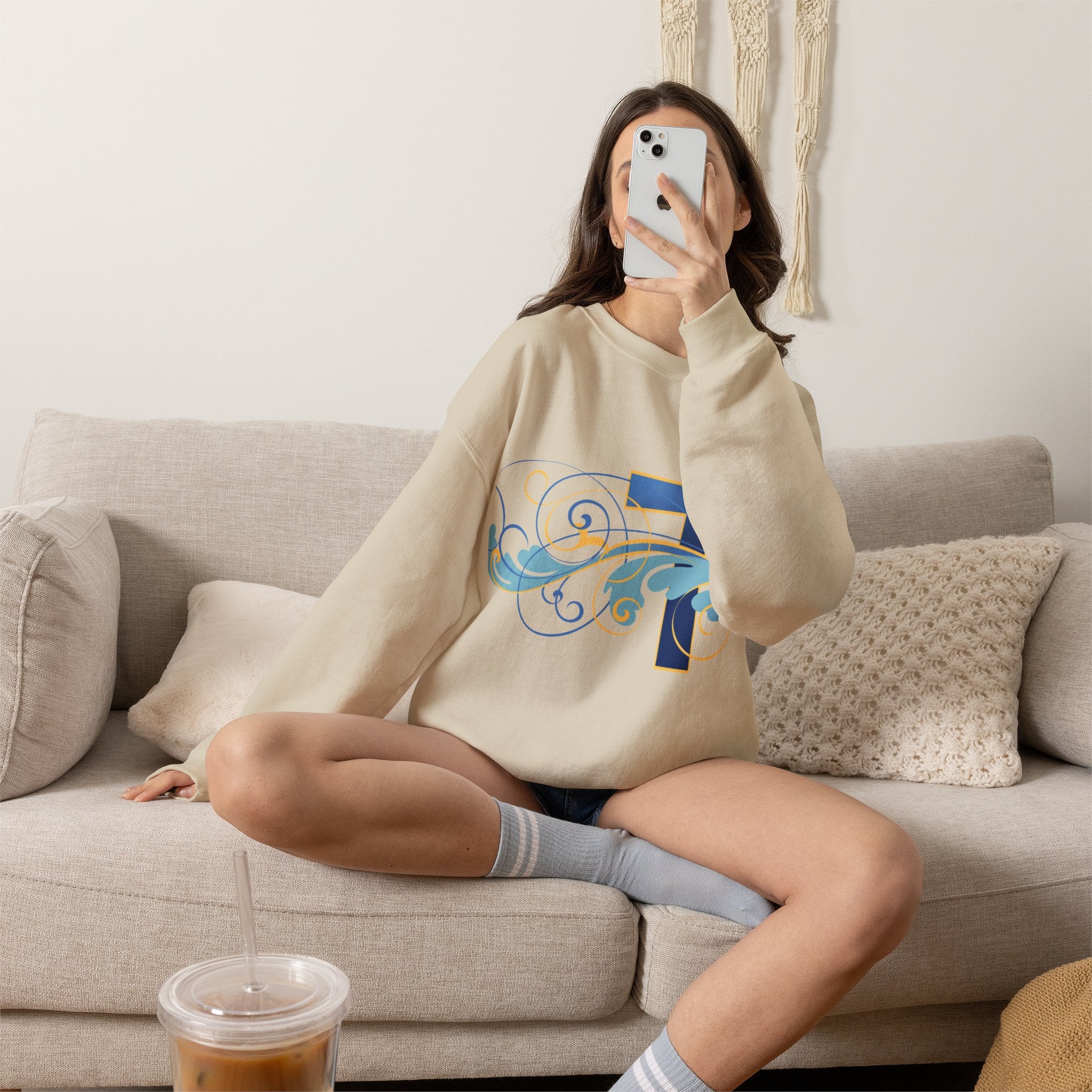 ESTID Unisex Crewneck Pullover | Blaues Kreuz & Wellen-Ornament Ansicht 25 – Sweatshirt – ESTID