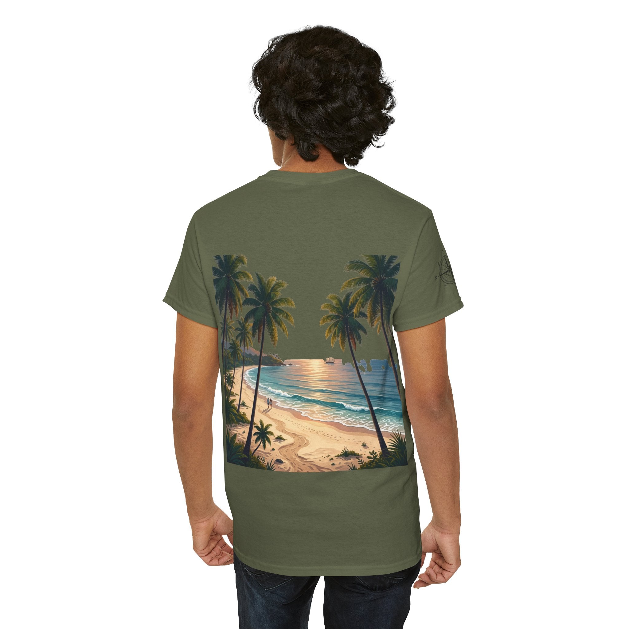 Strandurlaub T-Shirt – Retro Sonnenuntergang mit Palmen & ‚Urlaub‘ Wortwolke