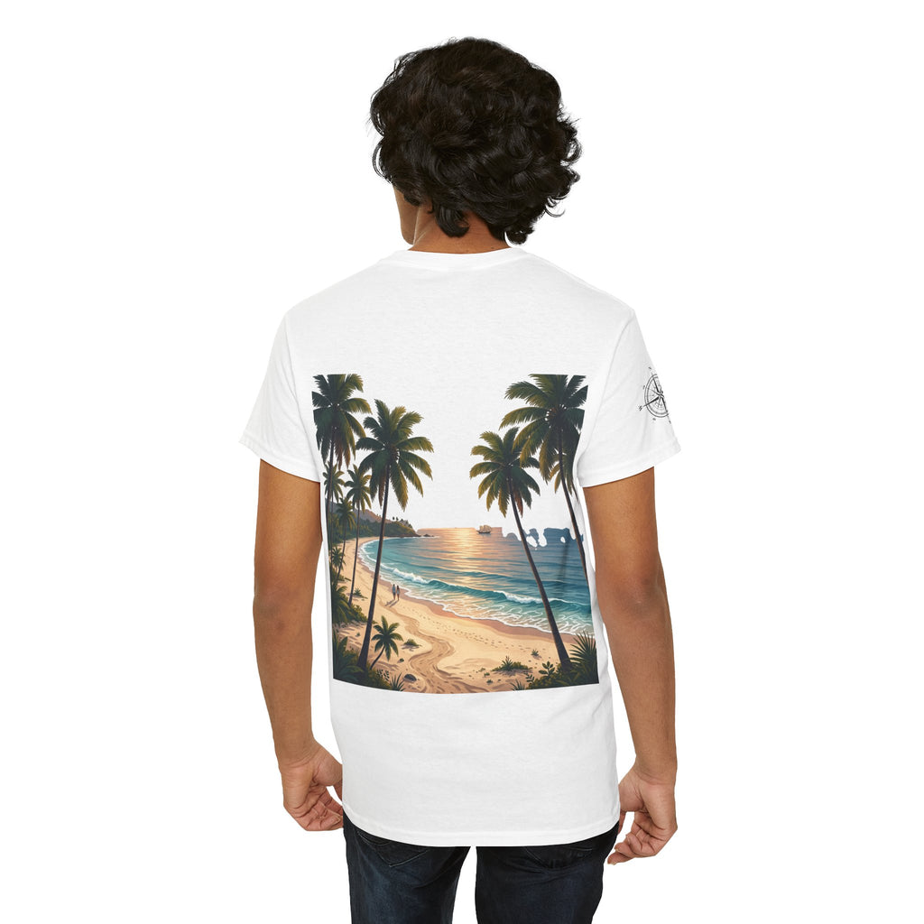 Strandurlaub T-Shirt – Retro Sonnenuntergang mit Palmen & ‚Urlaub‘ Wortwolke
