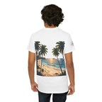 Strandurlaub T-Shirt – Retro Sonnenuntergang mit Palmen & ‚Urlaub‘ Wortwolke