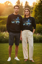 ESTID Unisex Crewneck Pullover | Blaues Kreuz & Wellen-Ornament Detailansicht – Sweatshirt – ESTID