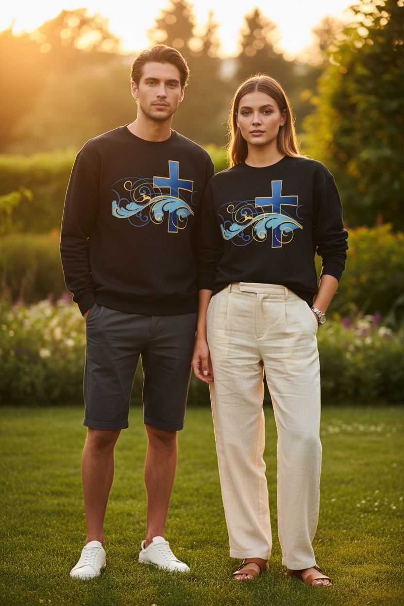 ESTID Unisex Crewneck Pullover | Blaues Kreuz & Wellen-Ornament Detailansicht – Sweatshirt – ESTID