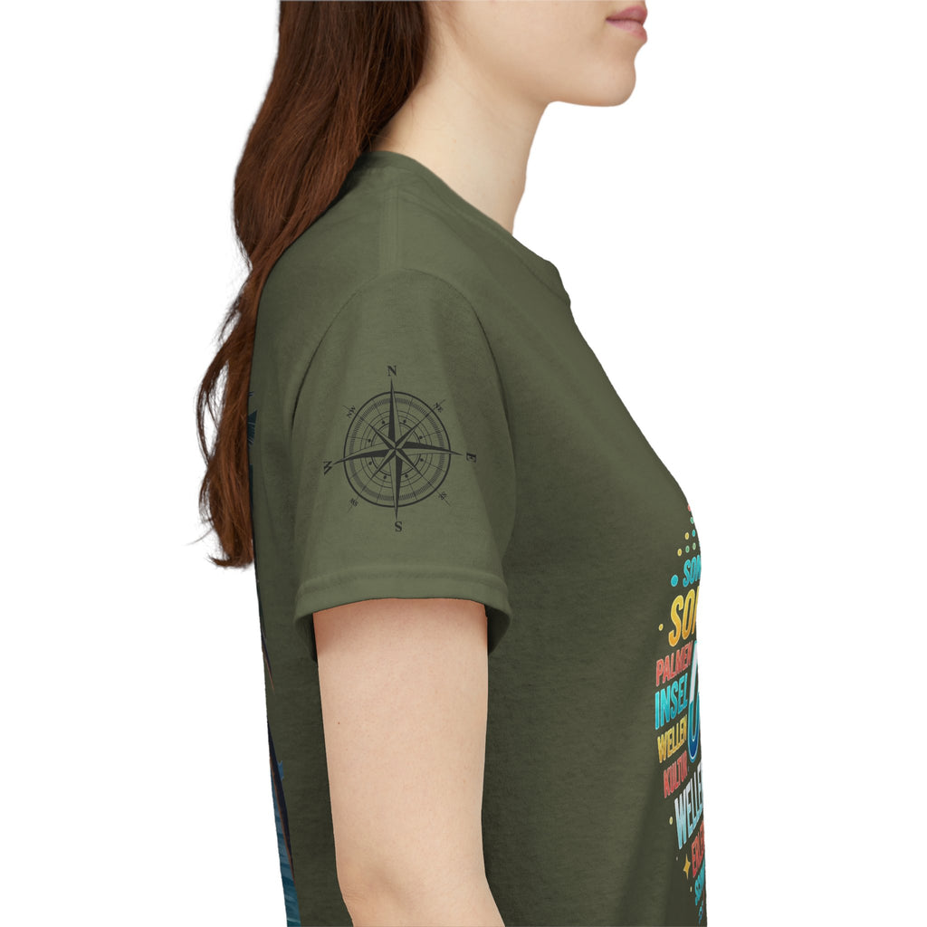 Strandurlaub T-Shirt – Retro Sonnenuntergang mit Palmen & ‚Urlaub‘ Wortwolke