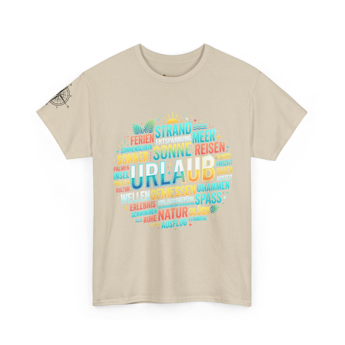 Strandurlaub T-Shirt – Retro Sonnenuntergang mit Palmen & ‚Urlaub‘ Wortwolke Ansicht 3 – T-Shirt – ESTID