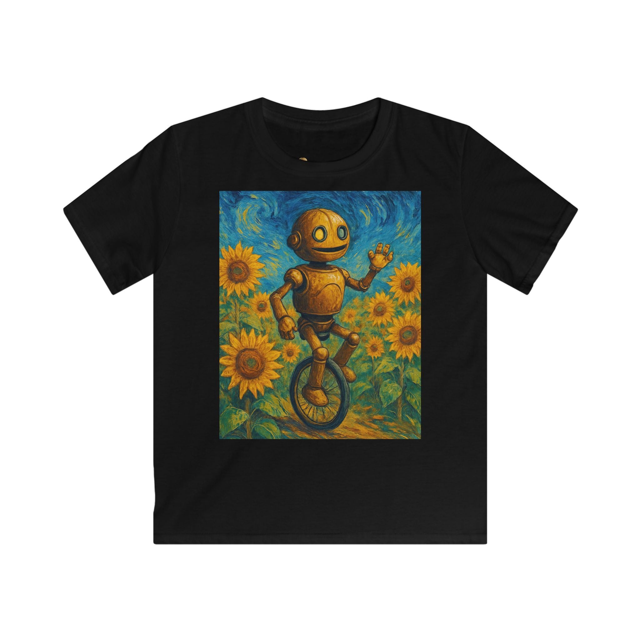 Kinder-T-Shirt – Sonnige Sonnenblumen-Roboter auf Einrad