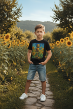 Kinder-T-Shirt – Sonnige Sonnenblumen-Roboter auf Einrad