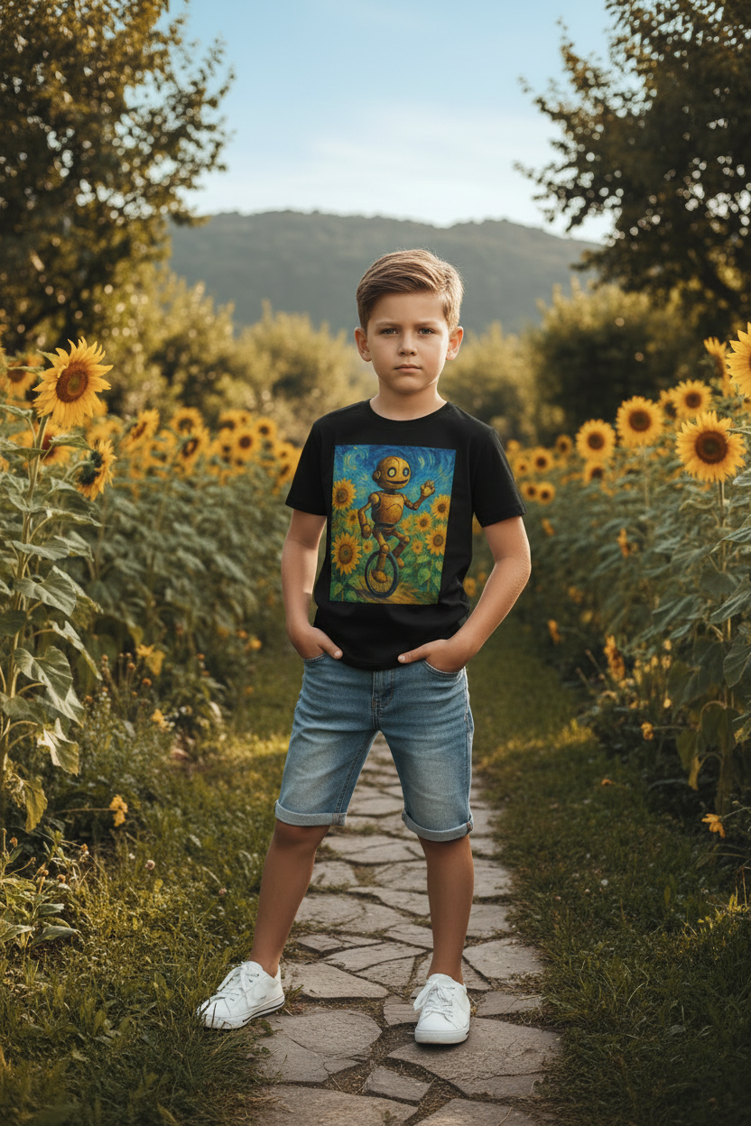 Kinder-T-Shirt – Sonnige Sonnenblumen-Roboter auf Einrad