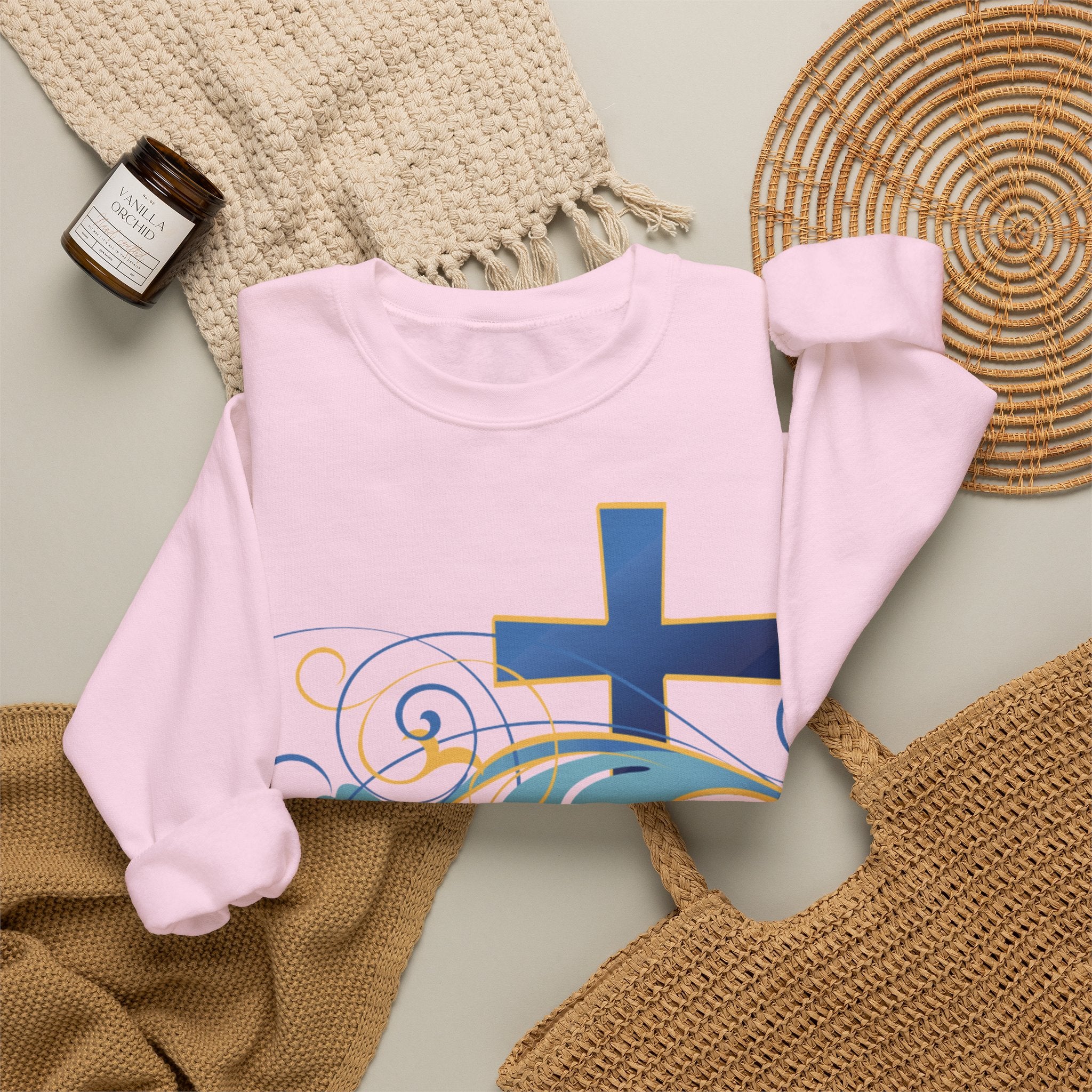 ESTID Unisex Crewneck Pullover | Blaues Kreuz & Wellen-Ornament Ansicht 35 – Sweatshirt – ESTID