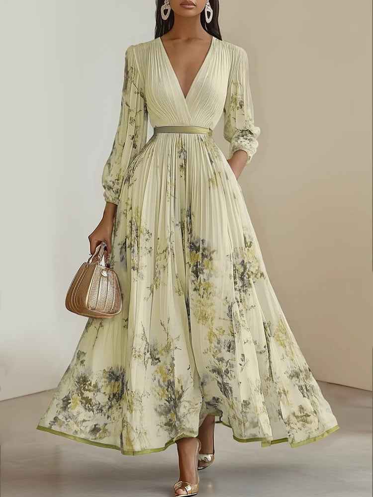 Elegantes Plissee-Maxikleid für Damen | Floral & V-Ausschnitt Ansicht 4 – Kleid – ESTID