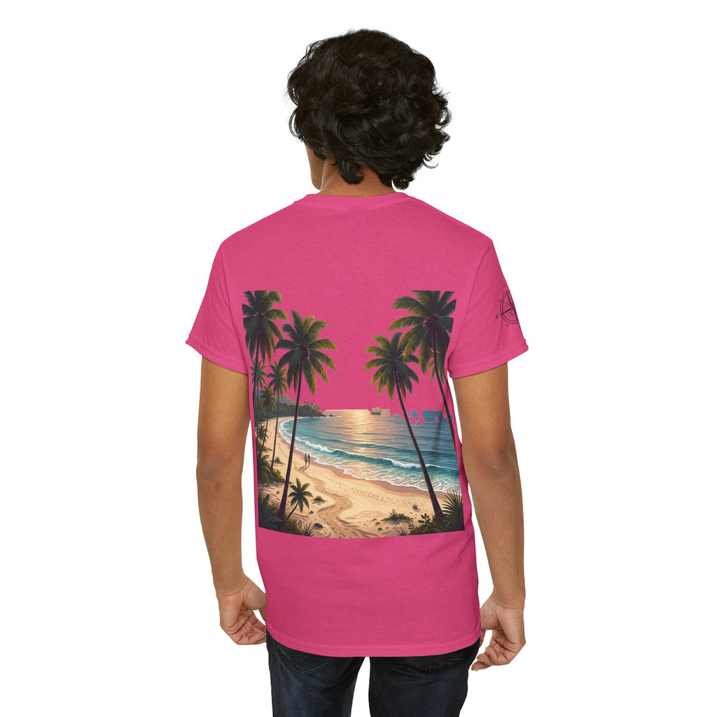 Strandurlaub T-Shirt – Retro Sonnenuntergang mit Palmen & ‚Urlaub‘ Wortwolke