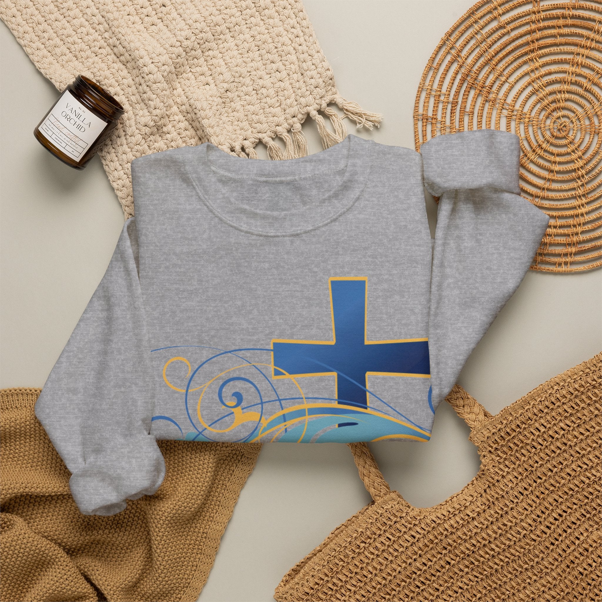 ESTID Unisex Crewneck Pullover | Blaues Kreuz & Wellen-Ornament Ansicht 26 – Sweatshirt – ESTID