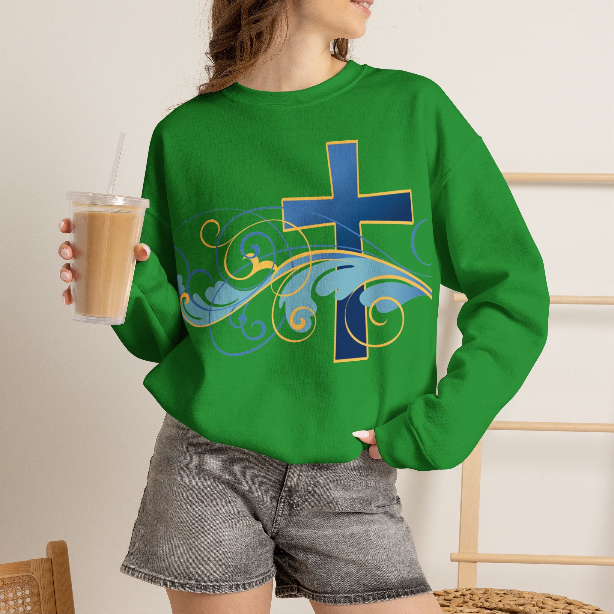 ESTID Unisex Crewneck Pullover | Blaues Kreuz & Wellen-Ornament Ansicht 30 – Sweatshirt – ESTID