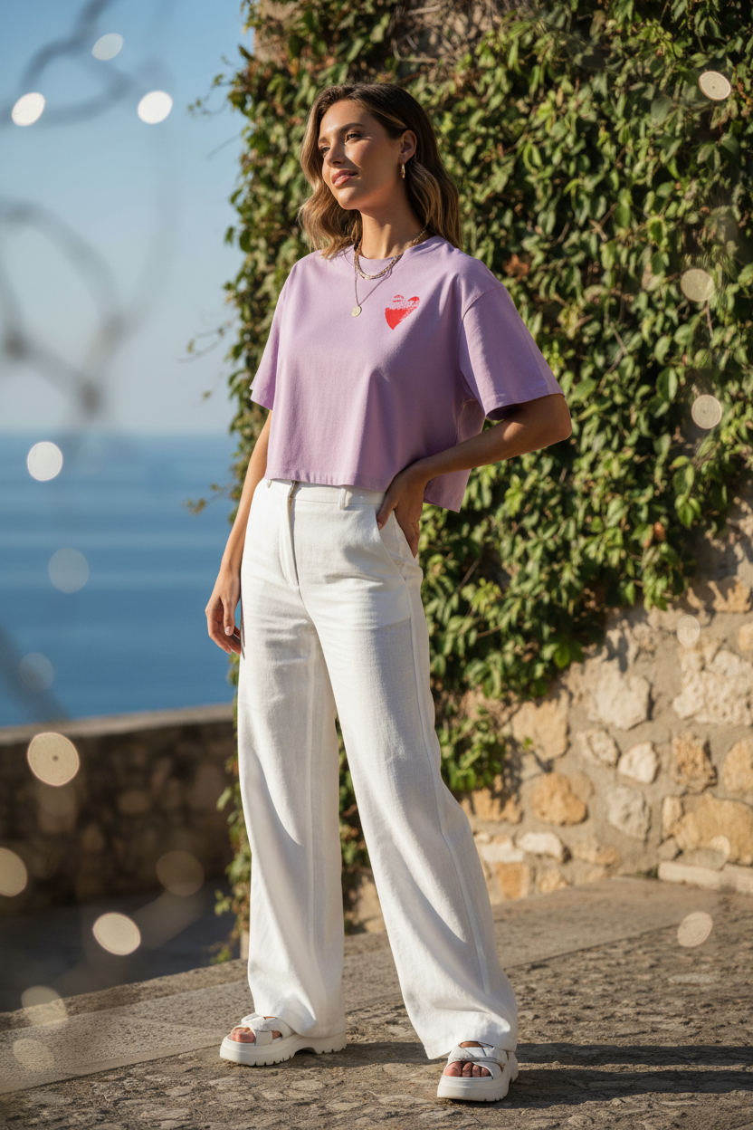 Damen Crop T-Shirt mit Herz-Motiv ESTID
