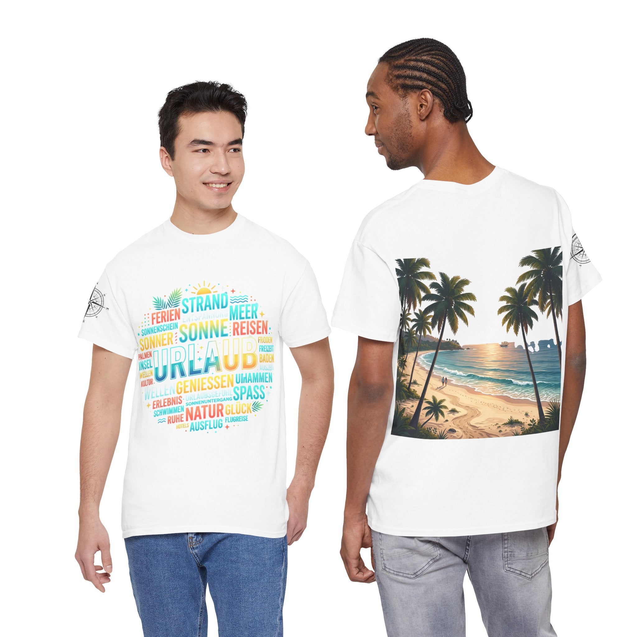 Strandurlaub T-Shirt – Retro Sonnenuntergang mit Palmen & ‚Urlaub‘ Wortwolke