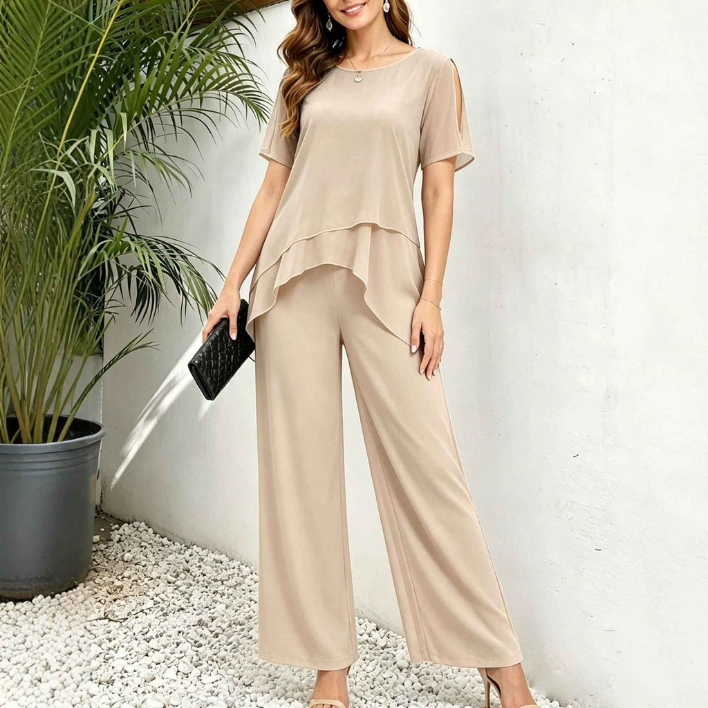 Festlicher Damen 2-Teiler | Lagen-Oberteil & Weite Hose – Kombination – ESTID