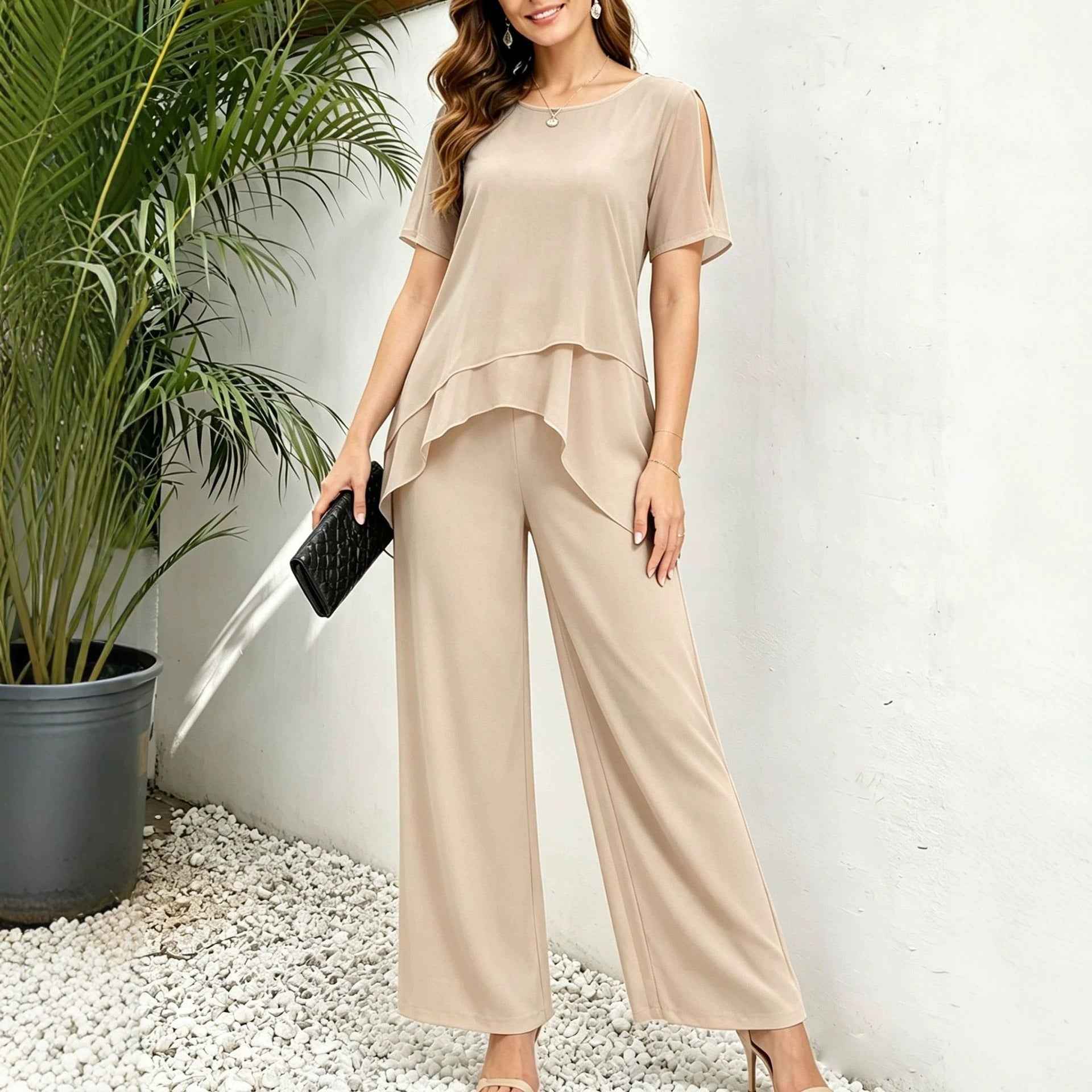 Festlicher Damen 2-Teiler | Lagen-Oberteil & Weite Hose – Kombination – ESTID