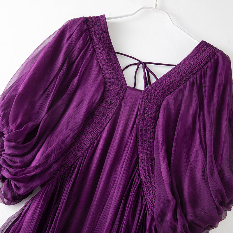 Damen Seidenkleid mit Puffärmeln | Luftsüßes Boho Maxikleid Ansicht 4 – Kleid – ESTID