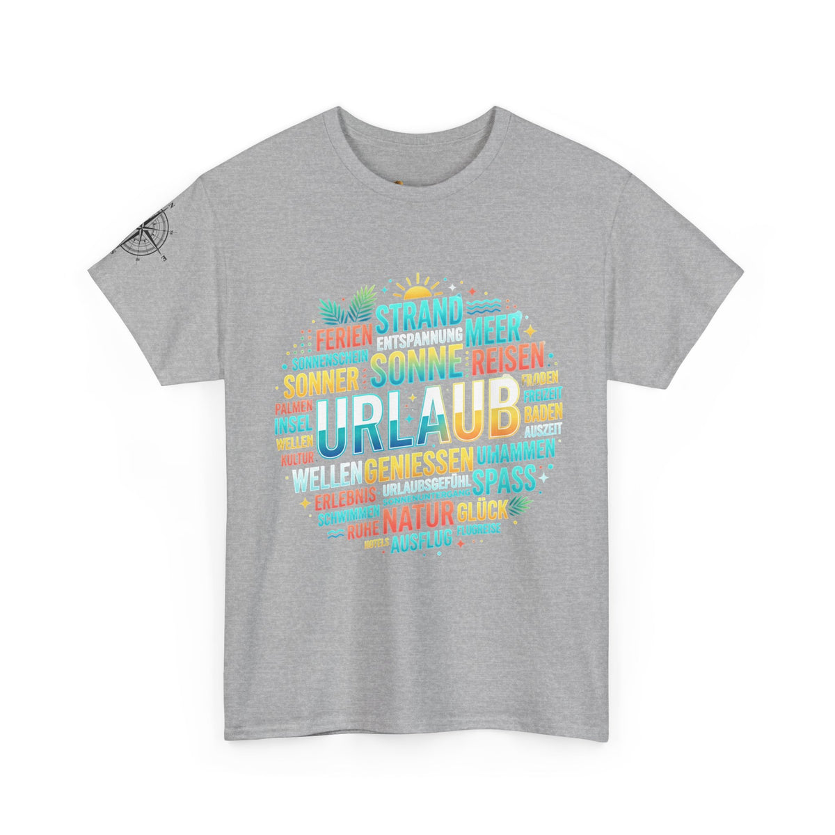 Strandurlaub T-Shirt – Retro Sonnenuntergang mit Palmen & ‚Urlaub‘ Wortwolke Ansicht 4 – T-Shirt – ESTID