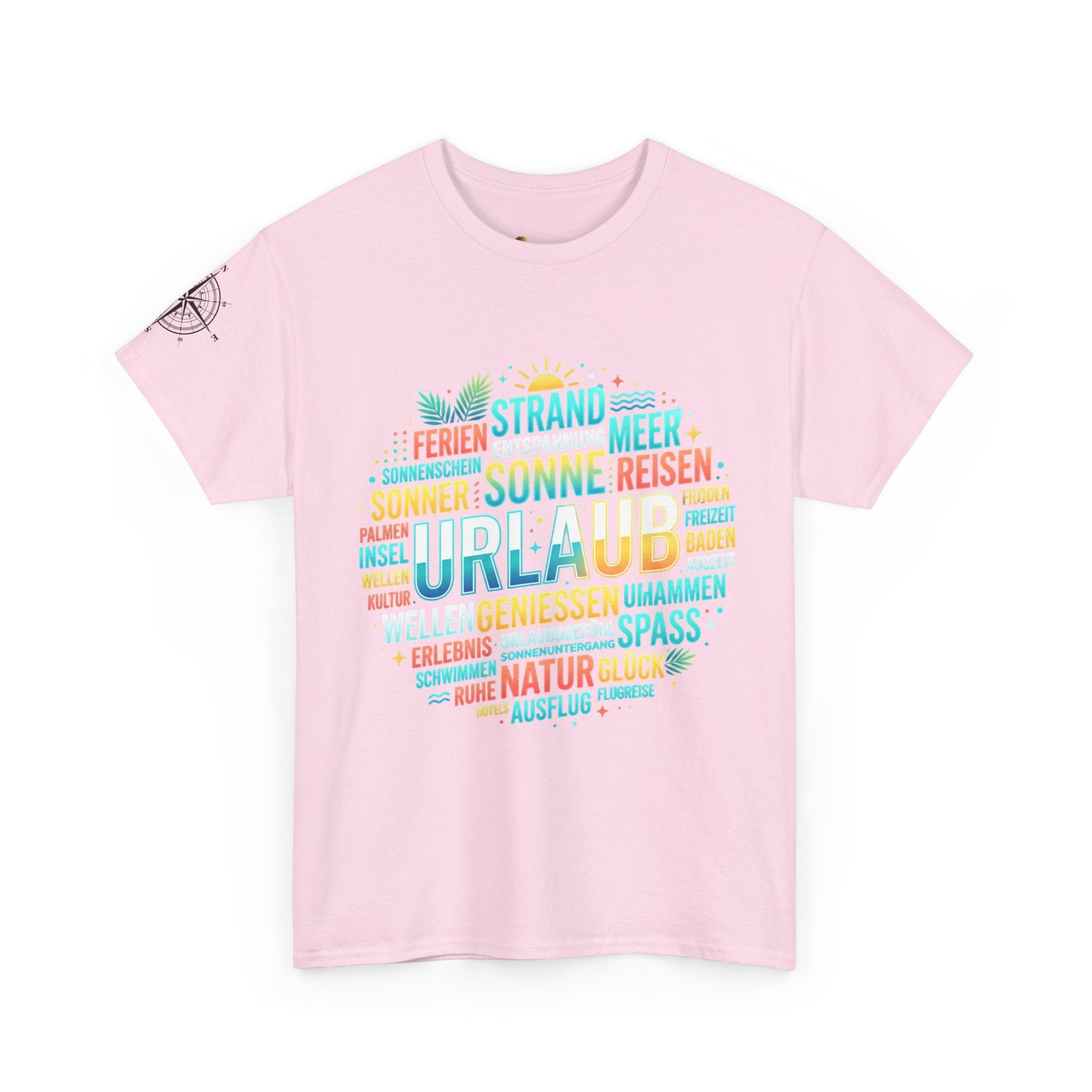Strandurlaub T-Shirt – Retro Sonnenuntergang mit Palmen & ‚Urlaub‘ Wortwolke