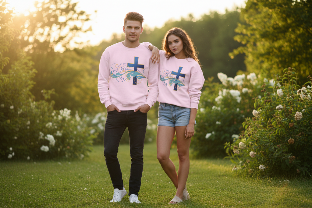 ESTID Unisex Crewneck Pullover | Blaues Kreuz & Wellen-Ornament Ansicht 7 – Sweatshirt – ESTID