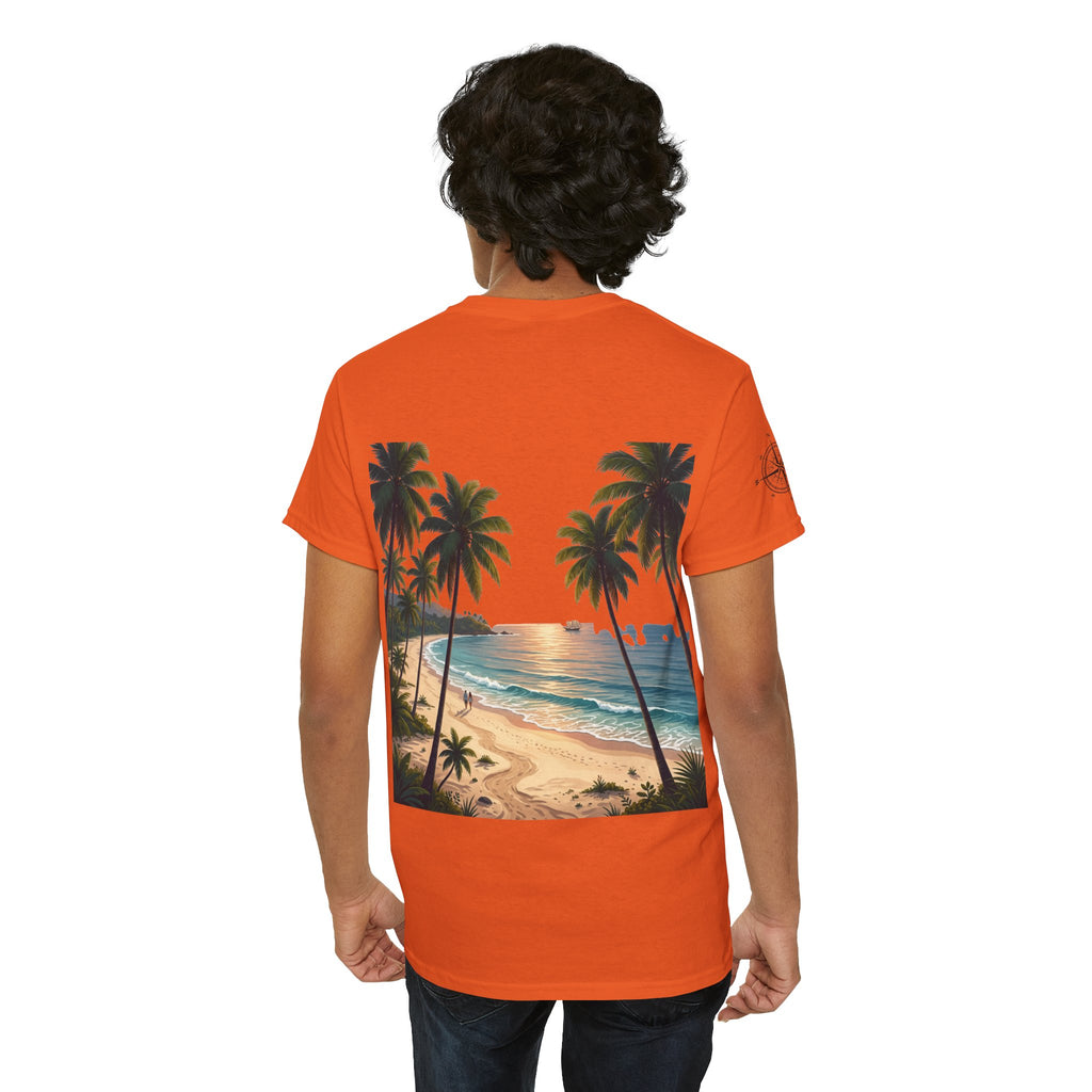 Strandurlaub T-Shirt – Retro Sonnenuntergang mit Palmen & ‚Urlaub‘ Wortwolke