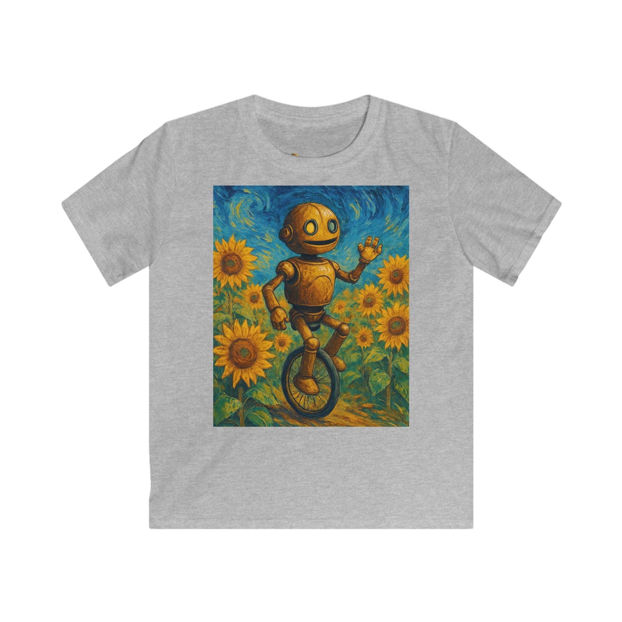 Kinder-T-Shirt – Sonnige Sonnenblumen-Roboter auf Einrad
