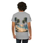 Strandurlaub T-Shirt – Retro Sonnenuntergang mit Palmen & ‚Urlaub‘ Wortwolke