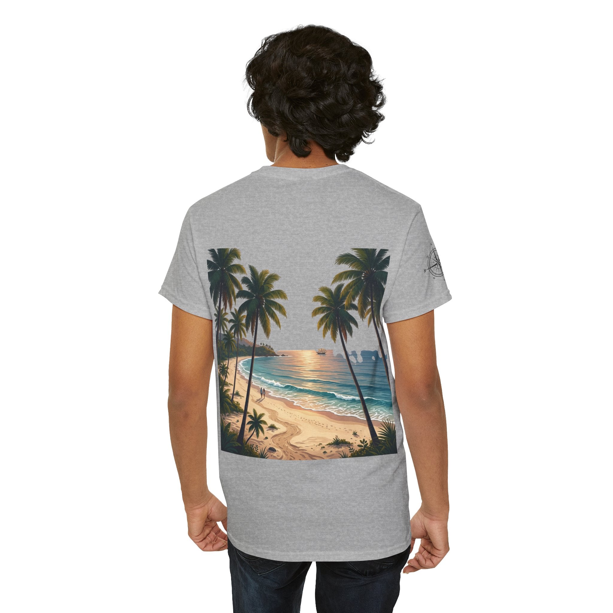 Strandurlaub T-Shirt – Retro Sonnenuntergang mit Palmen & ‚Urlaub‘ Wortwolke