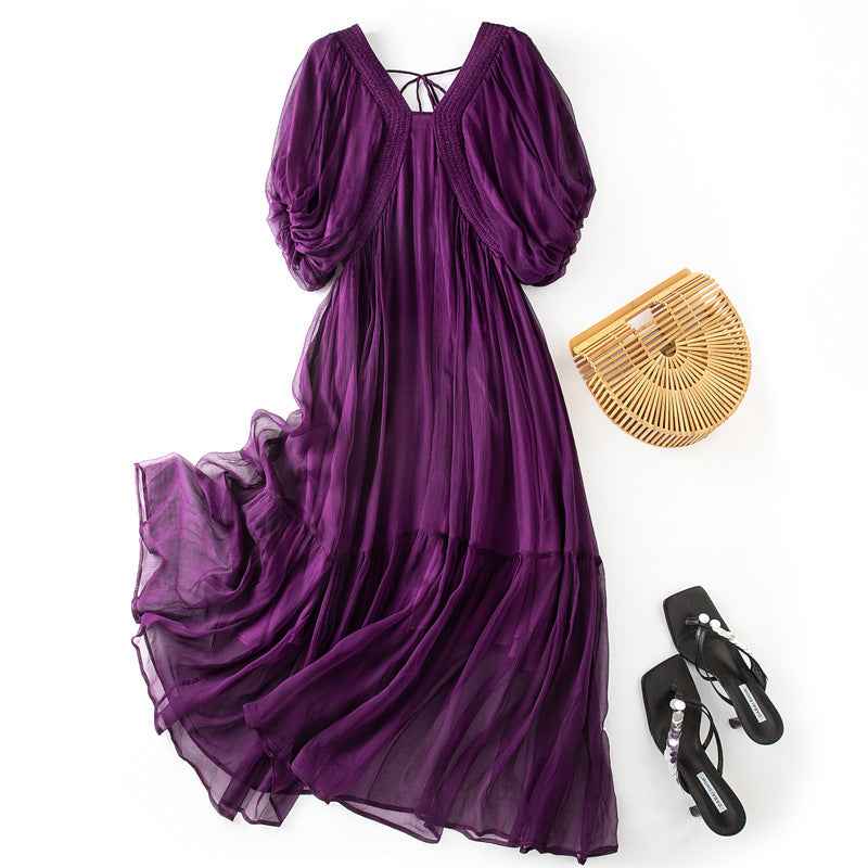 Damen Seidenkleid mit Puffärmeln | Luftsüßes Boho Maxikleid Ansicht 3 – Kleid – ESTID